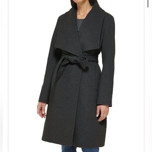 Cole Haan Signature Wool Blend Wide Collar Belted Coat Black US 12 NEW MSRP $400 - Picture 2 of 10